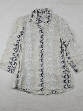 i Linen 100% Linen Snakeskin Print Button Front Collared Tunic Top W/ Pockets S